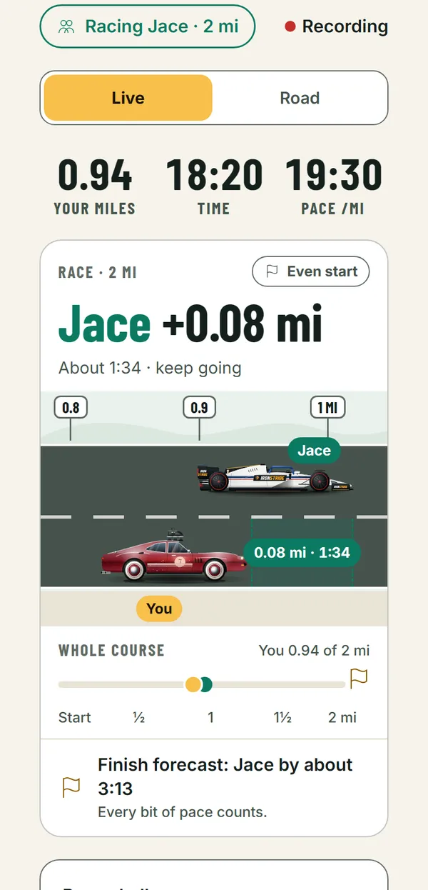 The Ironstride race screen: racing Jace over 2 miles. Jace leads by 0.08 miles, and both vehicles share the road.