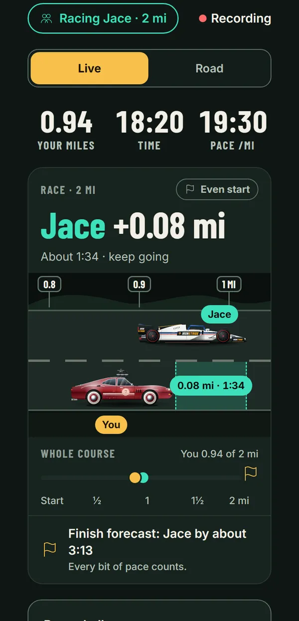 The Ironstride race screen: racing Jace over 2 miles. Jace leads by 0.08 miles, and both vehicles share the road.