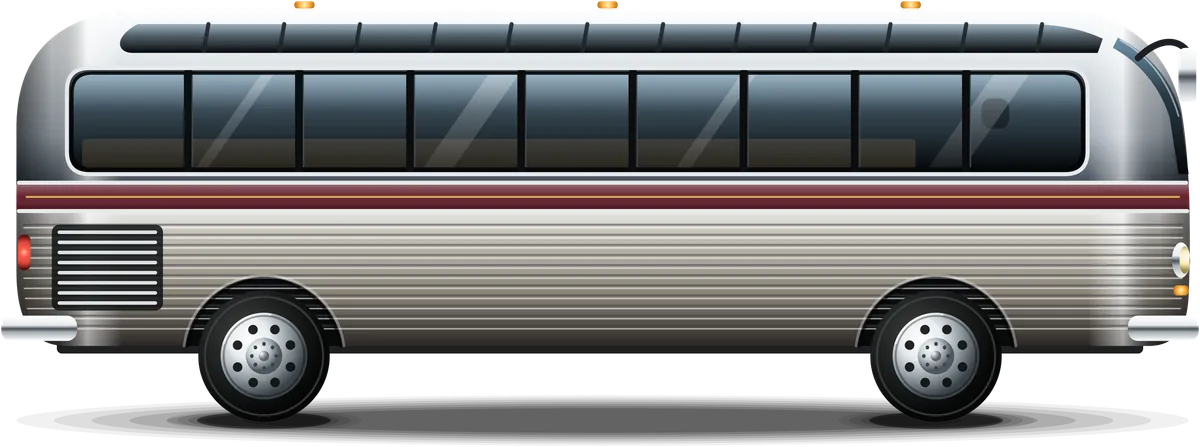 The silver tour coach from the Road Trip vehicles: polished aluminum with a maroon stripe and a wraparound windshield.